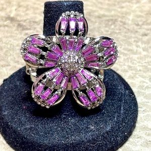 Purple flower rhinestone ring